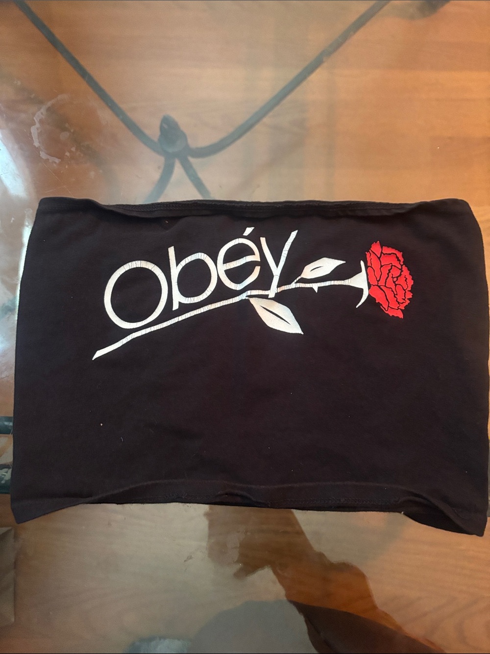 Obey Black Strapless Top with Red Rose and White Logo